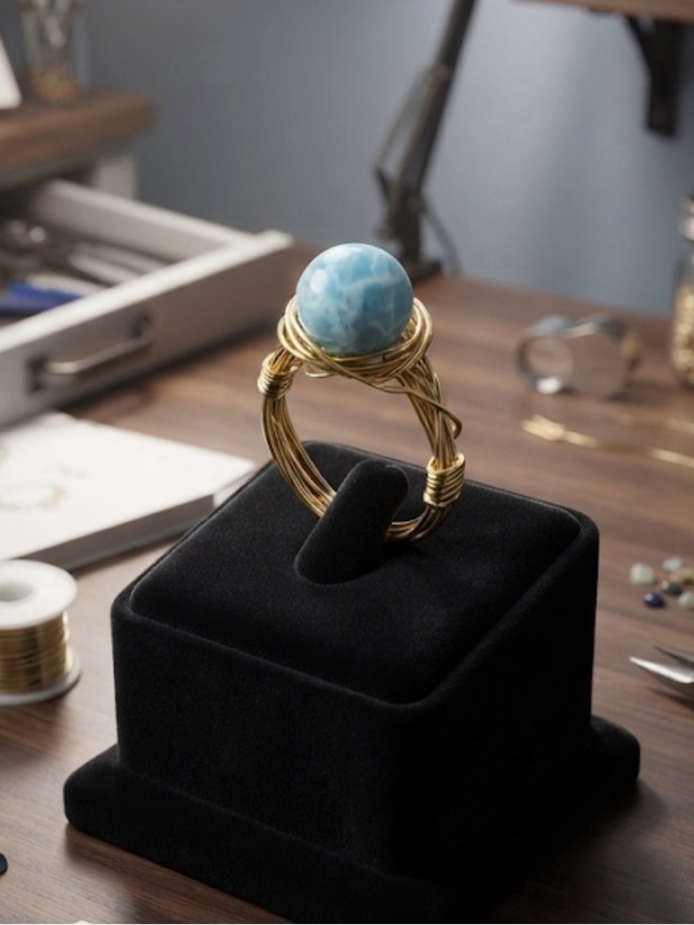 Larimar Gold Wire Wrapped Ring size 8